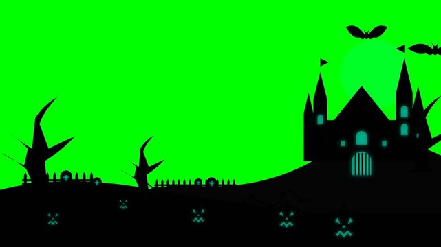 Halloween haunted castle silhouette with flying bats and glowing pumpkins