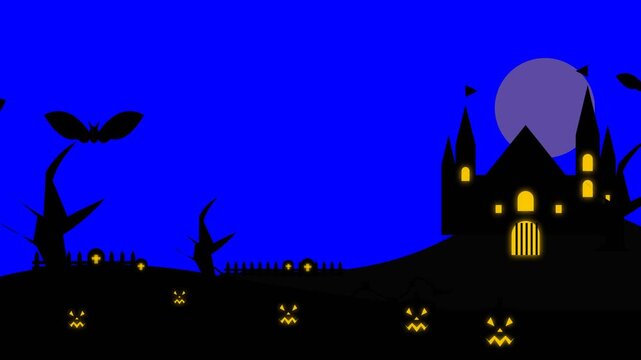 Halloween haunted castle with glowing pumpkins and bats in a spooky night scene