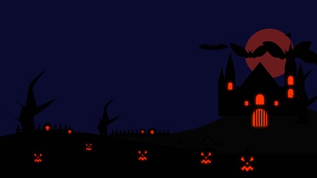 Halloween haunted castle with glowing pumpkins and full moon at night
