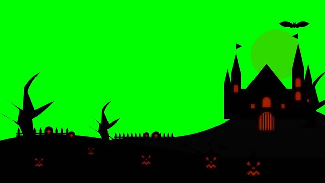 Halloween haunted castle silhouette with pumpkins and flying bats on green screen