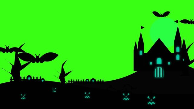 Halloween haunted castle silhouette with flying bats and glowing pumpkin faces
