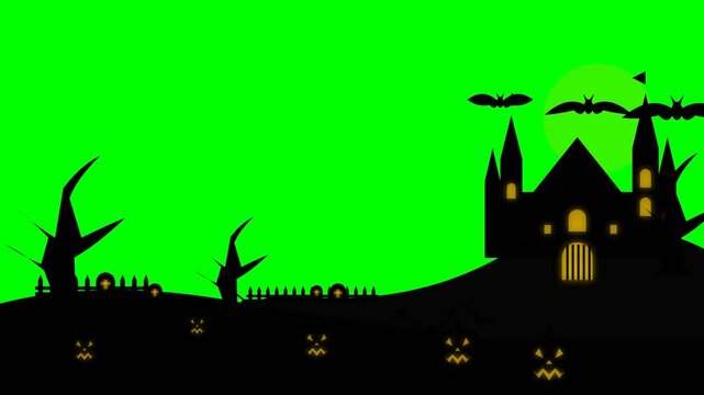 Halloween haunted castle silhouette with spooky cemetery and flying bats