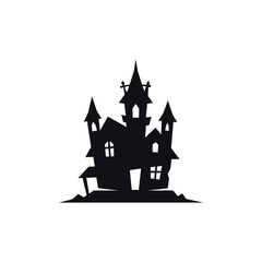 Silhouette of a spooky haunted house with turrets and glowing windows, perfect for Halloween themes. © babe