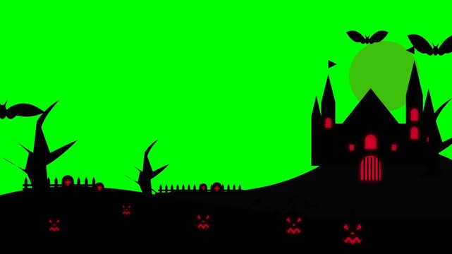Halloween haunted castle silhouette with spooky glowing red eyes and flying bats