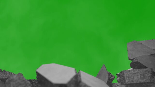 Animation of a concrete wall destruction with dust against a green screen background. Concrete explosion. Crack in a cement wall. Intro with destruction. Broken wall. Concrete wall destruction.