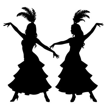 Black silhouettes of two cabaret showgirls in feathered headdresses and tiered dresses - design for carnival party invitations, dance studio posters, and retro theater flyers. JPEG version.