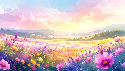 Obraz premium Vibrant watercolor painting of wildflower field under pastel sunset sky
