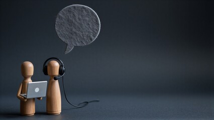 Obraz premium Wooden figures with laptop and headset, speech bubble above them.