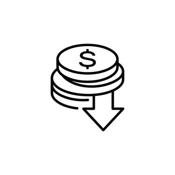 Stack of coins with a downward arrow indicating financial loss or reduced cost, line icon for economic concepts