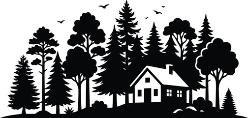 Fototapeta premium Black forest cabin silhouette with pine trees and rustic house landscape isolated on white background