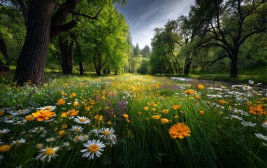 Fototapeta premium Vibrant Wildflower Meadow with Tall Trees Under Dramatic Sky in Forest