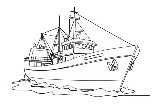 Fishing trawler boat minimalist low angle line art. Generative AI