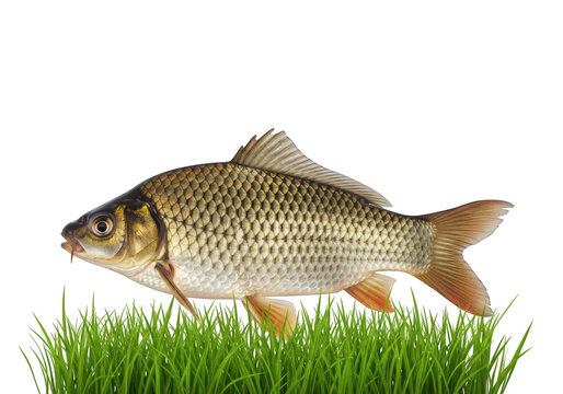 Common carp fish standing on green grass studio shot isolated on transparent background