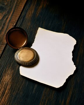 An old opened locket on a dark wooden table, a blank piece of torn paper next to it, dramatic top lighting