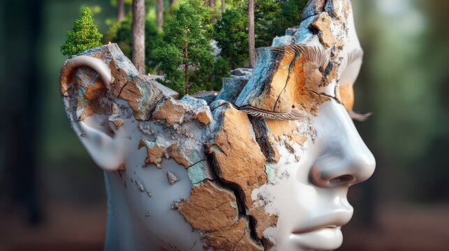 Surreal cracked human head sculpture with nature elements and trees