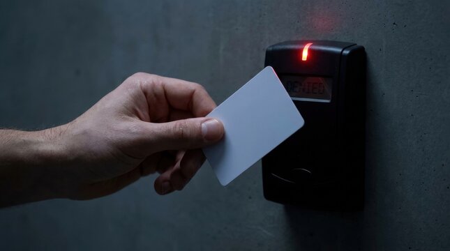 Hand holding plastic card near electronic security reader with showing denied message black security holding white depicts hand