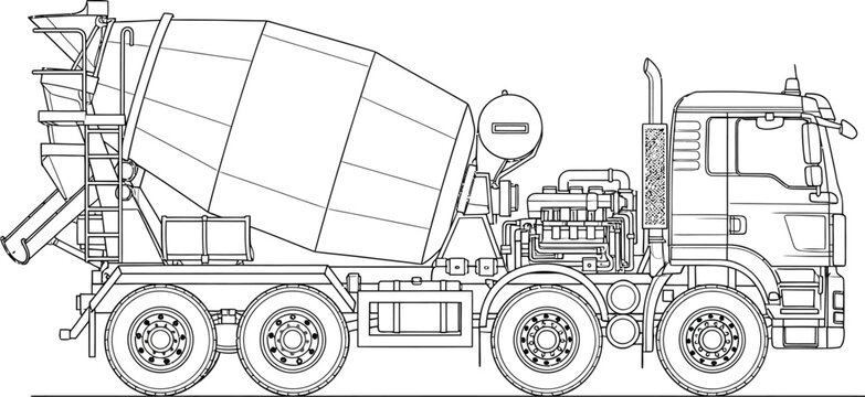 Vector line drawing of heavy industrial machinery with chute and wheel