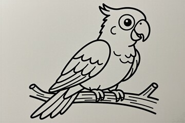 Fototapeta premium Cute line art parrot sits on tree branch. Simple cartoon bird illustration for kids designs. Minimalist outline drawing for graphic projects.