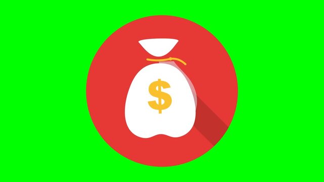 Animated money bag icon with a dollar sign in a red circle on a green screen, symbolizing finance, wealth, and savings