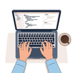 Fototapeta premium Hands typing code on laptop next to coffee cup