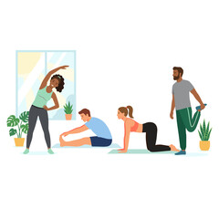Obraz premium Diverse group practicing yoga and stretching indoors