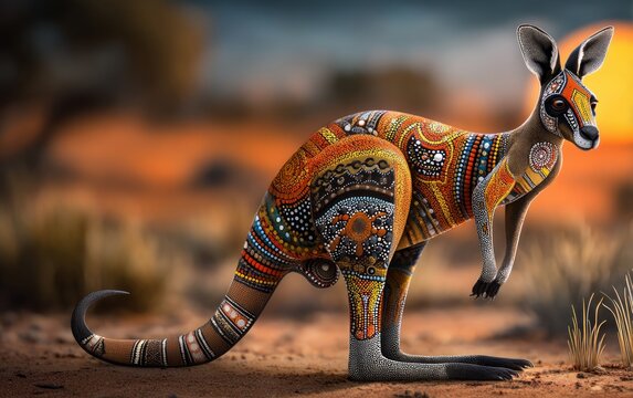 Ornate Kangaroo with Dreamtime Art Design in Vibrant Zodiac Style