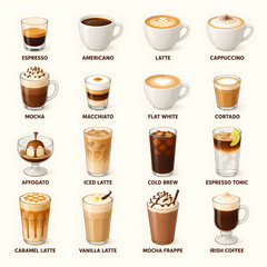 Obraz premium Assorted coffee beverage collection featuring hot, cold, and specialty coffee drinks vector illustration isolated on white background