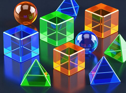 Collection of colorful translucent geometric solids. Cubes, spheres, and pyramids arranged on a dark reflective surface. Abstract shapes for science and math concepts.