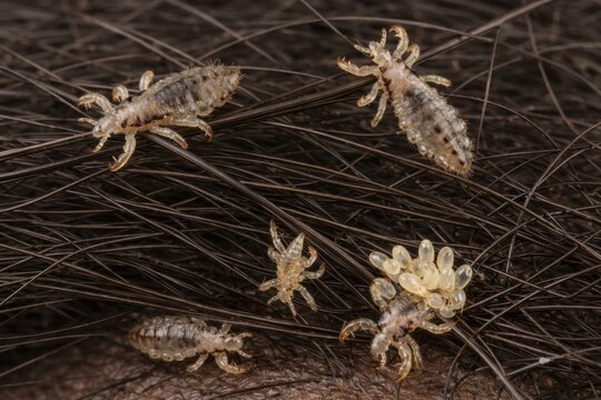 Macro photograph of human head lice (Pediculus humanus capitis) and nits on dark hair fibers.