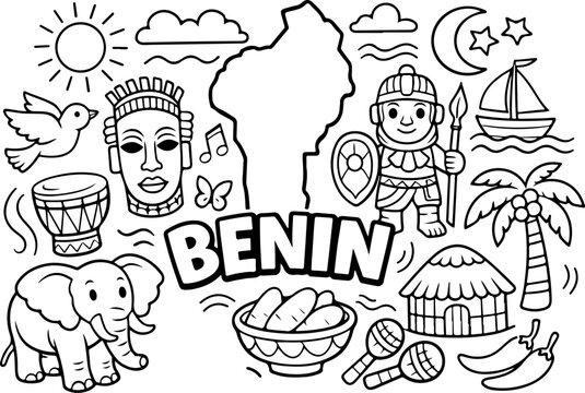 Ben&iacute;n, monumentos, contorno de dibujos animados, ilustraci&oacute;n de arte lineal dibujada a mano, dibujo de garabatos, p&aacute;gina para colorear para ni&ntilde;os