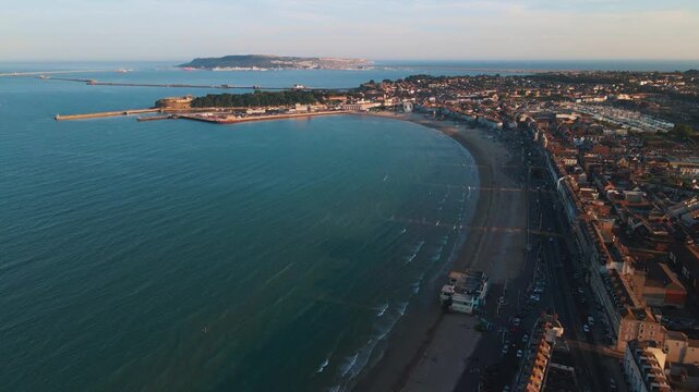 Drone view of Weymouth coastal beach and seaside bay