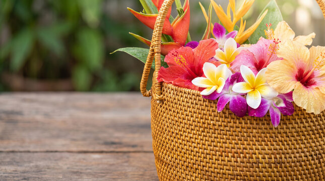 Woven rattan basket filled with vibrant tropical flowers on a wooden table
