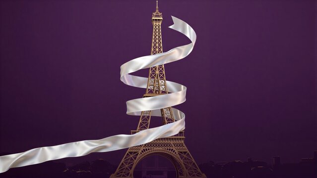 Eiffel Tower wrapped in flowing white ribbon against deep purple backdrop.