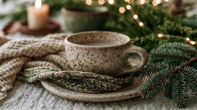 Speckled ceramic mug on knitted textiles with evergreen branches, candlelight and string lights cozy winter table setting