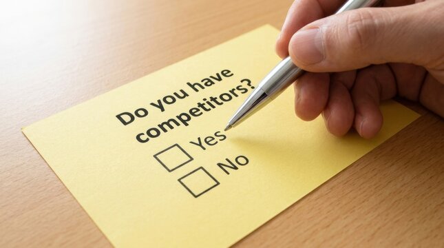 Hand holding pen pointing at yellow sticky note with question about competitors with wooden table asking captures hand competition
