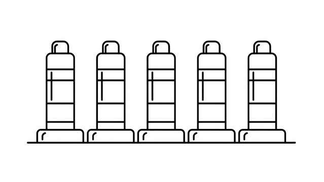 Five black and white striped bollards on white background.