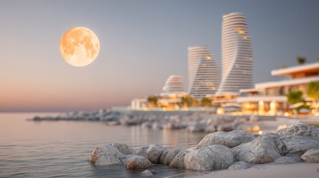 Full moon rising over modern curved tower buildings by calm coastal shore