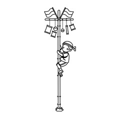 Obraz premium Child Climbing Tall Pole with Flags and Decorations.