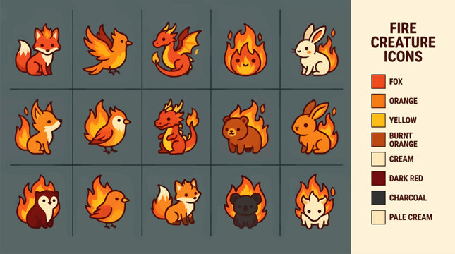 Cute Flat Design Fire Creature Icons Set: Fox, Bird, Dragon, Fireball, Rabbit, Bear, Penguin, Koala, Stylized Flames, Warm Color Palette, Vector Graphic Resource