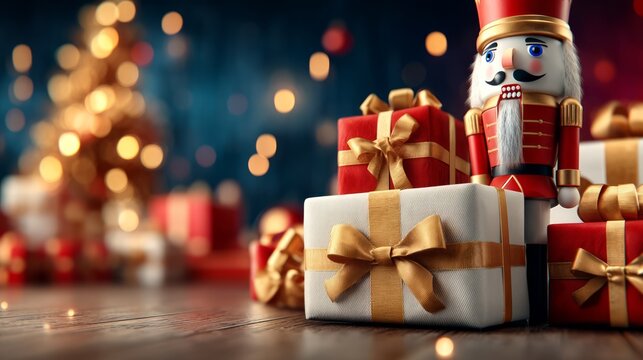 Traditional wooden nutcracker soldier with festive wrapped gifts on floor