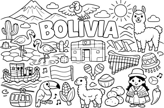 Bolivia, contorno de dibujos animados, ilustraci&oacute;n lineal dibujada a mano, dibujo para colorear para ni&ntilde;os