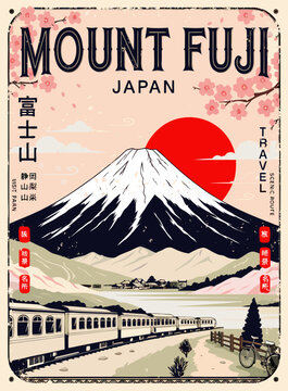 Vintage travel tin metal sign poster Mount Fuji in Japan with cherry blossoms, red sun and scenic train route in picturesque landscape setting, cultural elements for themed cafe attractor decor
