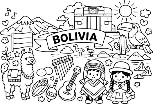 Bolivia, contorno de dibujos animados, ilustraci&oacute;n lineal dibujada a mano, dibujo para colorear para ni&ntilde;os