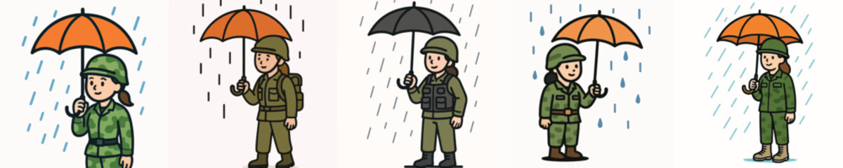 Fototapeta premium Set of vector illustrations of a female soldier using an umbrella in the rain.