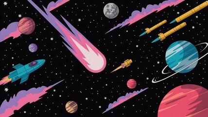 Naklejka premium Vibrant Space Scene with Planets, Rockets, and Shooting Stars in Galaxy