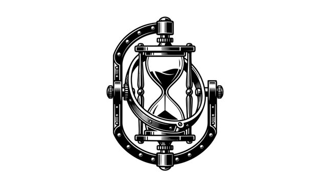 Vintage mechanical hourglass with gyroscope frame engraved line art
