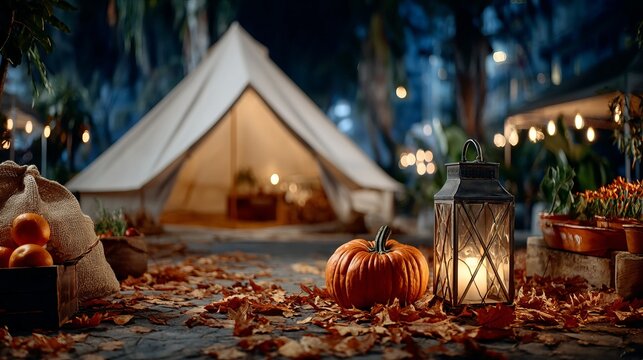 Cozy autumn camp setup with glowing lantern and pumpkin in forest clearing