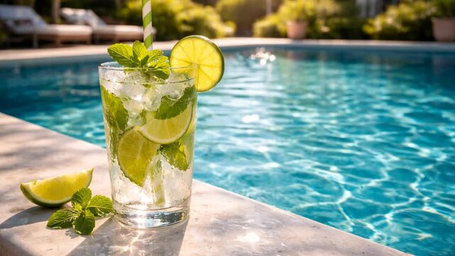 Refreshing lime mojito by the poolside on a sunny day