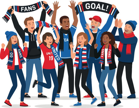 Diverse soccer fans cheering with scarves and flags in blue and red team colors at stadium celebration