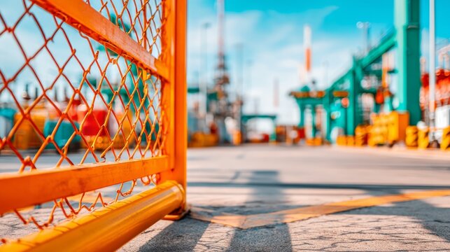 Bright orange safety fence on industrial construction site with equipment